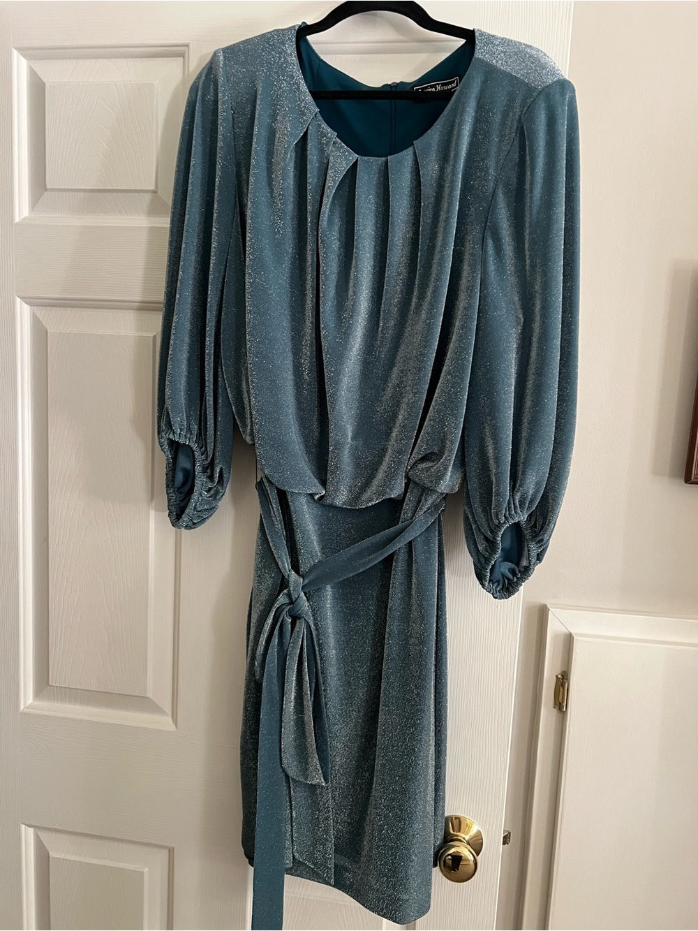 Jessica Howard Teal Blue Shimmer Midi Dress with Waist Tie